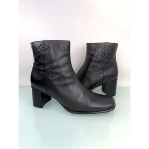 Villager Liz Claiborne Black Leather Square Toe Block Heel Ankle Boots Sz 8 90s